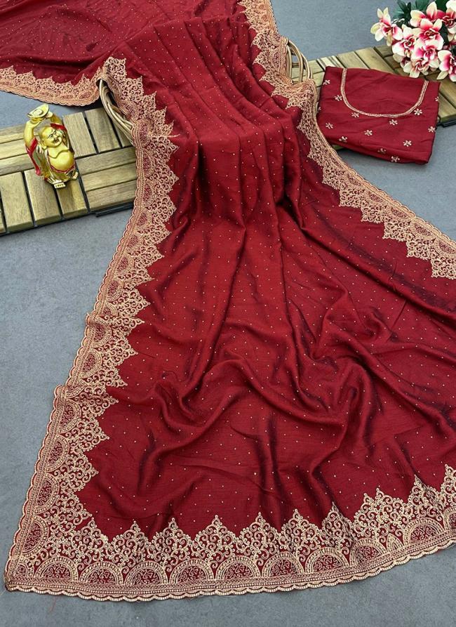 Vichitra Silk Red Festival Wear Zari Work Saree